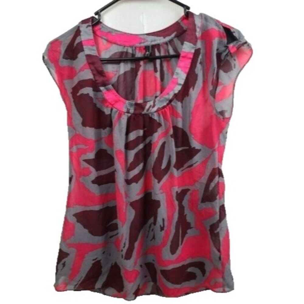 7 For All Mankind Womens Silk Blouse Top Small Pink Floral Short Sleeve Fairy
